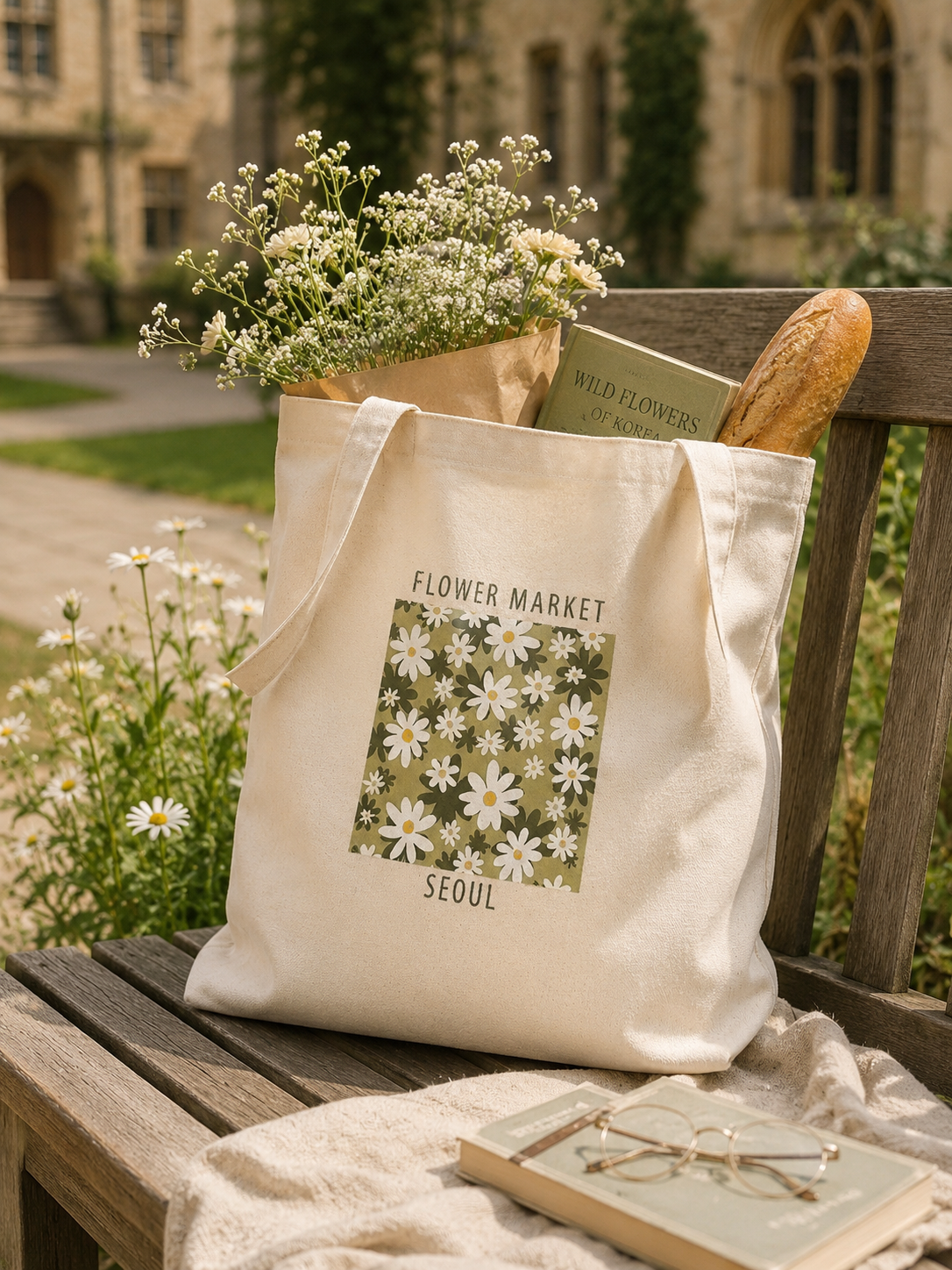 Flower Market Seoul Tote Bag | Daisy Aesthetic Canvas Tote | Korean Inspired Floral Shoulder Bag