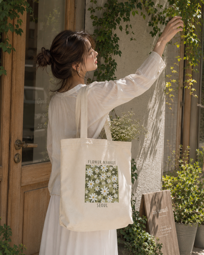 Flower Market Seoul Tote Bag | Daisy Aesthetic Canvas Tote | Korean Inspired Floral Shoulder Bag