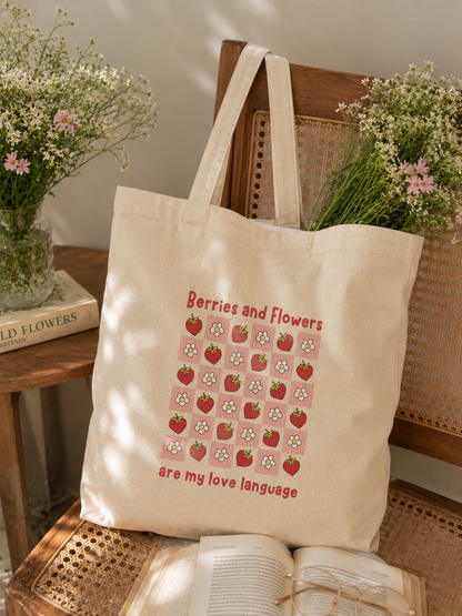 Berries and Flowers Tote Bag | Strawberry Aesthetic Canvas Tote