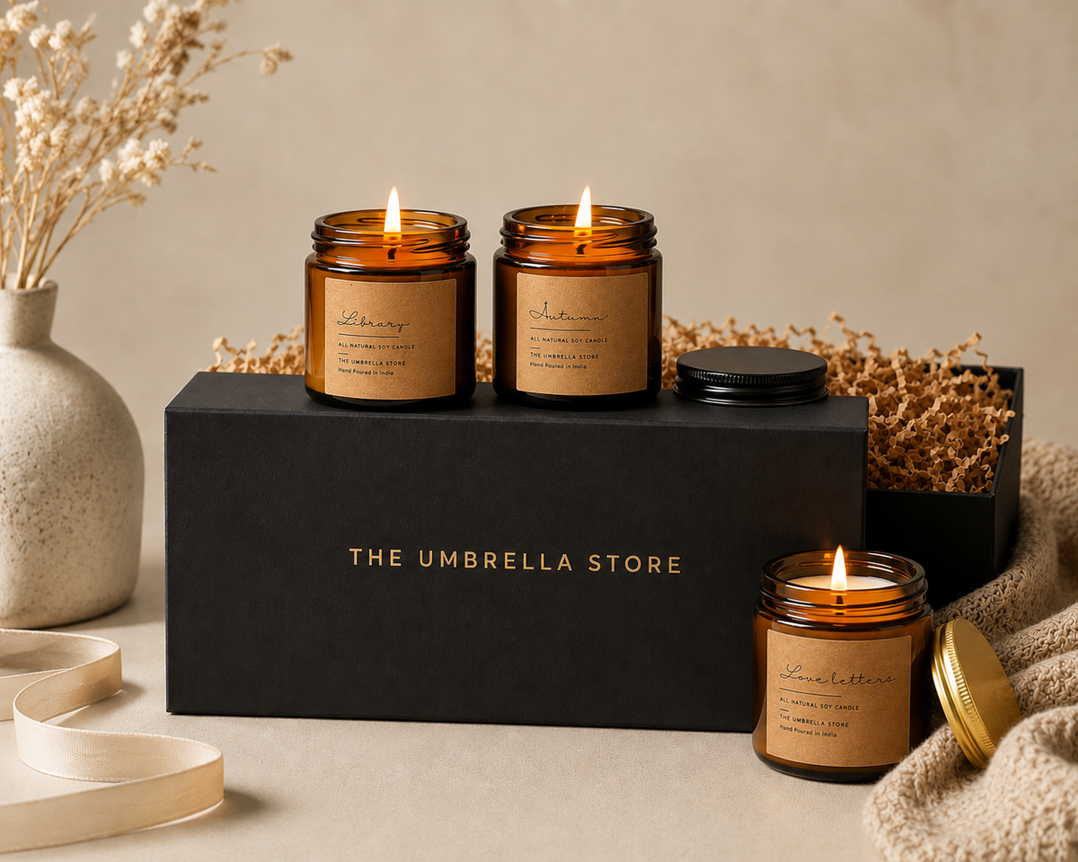Diwali Scented candle Gift Hamper: Set of 3 candles| Luxe Hamper Box- Autumn + Love letters+ Library