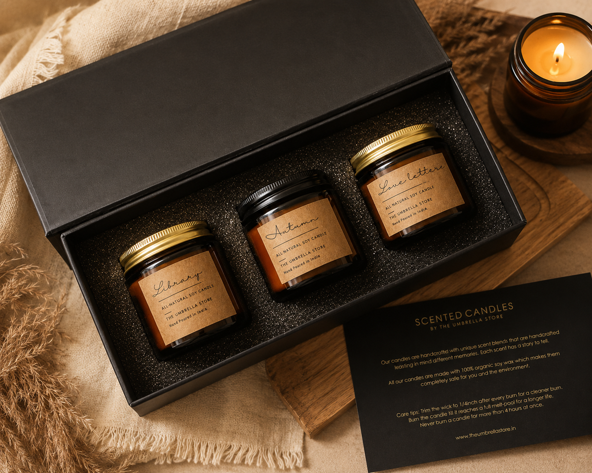 Diwali Scented candle Gift Hamper: Set of 3 candles| Luxe Hamper Box- Autumn + Love letters+ Library