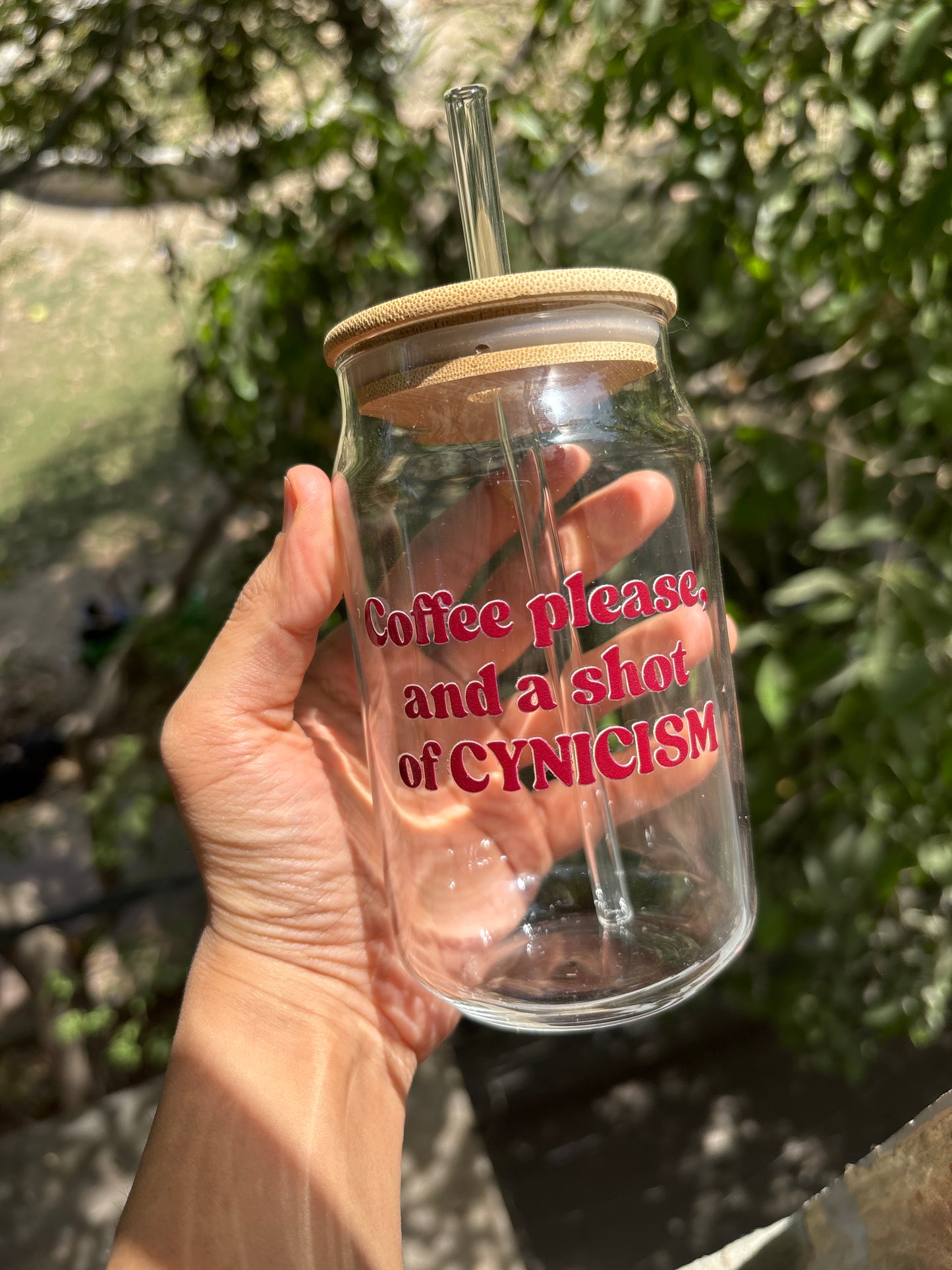 Coffee please, and a shot of Cynicism Glass tumbler with wooden lid and glass straw |Gilmore girls themed glass tumbler