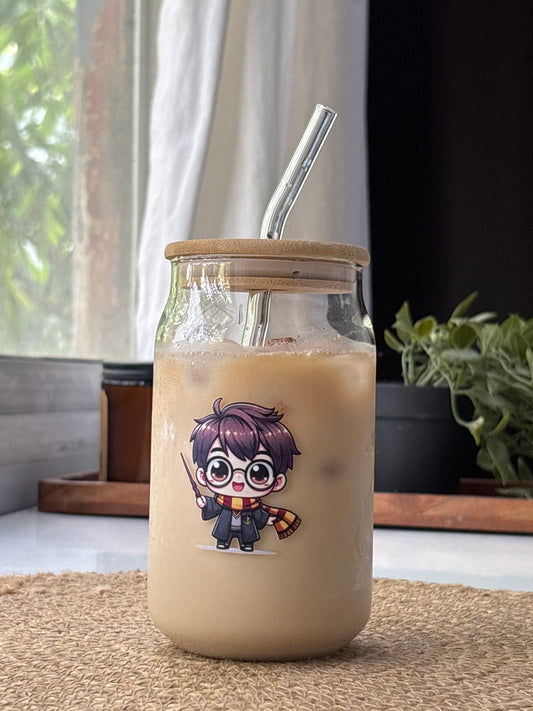 Harry Potter Can Glass tumbler with wooden lid and glass straw | Harry potter themed glass tumbler