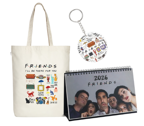 Tote bag, keychain, and calendar with 'Friends' theme on a white background