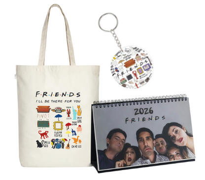 Tote bag, keychain, and calendar with 'Friends' theme on a white background