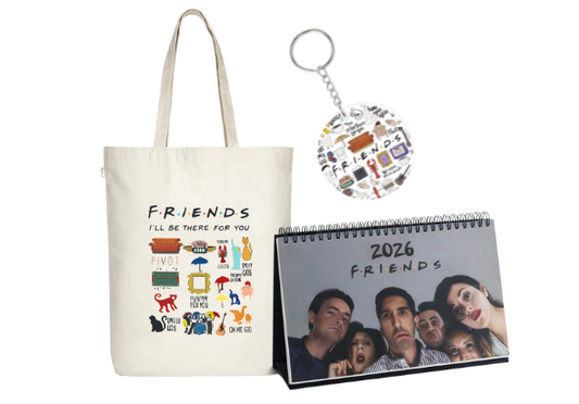 Tote bag, keychain, and calendar with 'Friends' theme on a white background