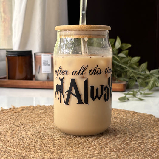 Always Can Glass tumbler with wooden lid and glass straw | Harry potter themed glass tumbler