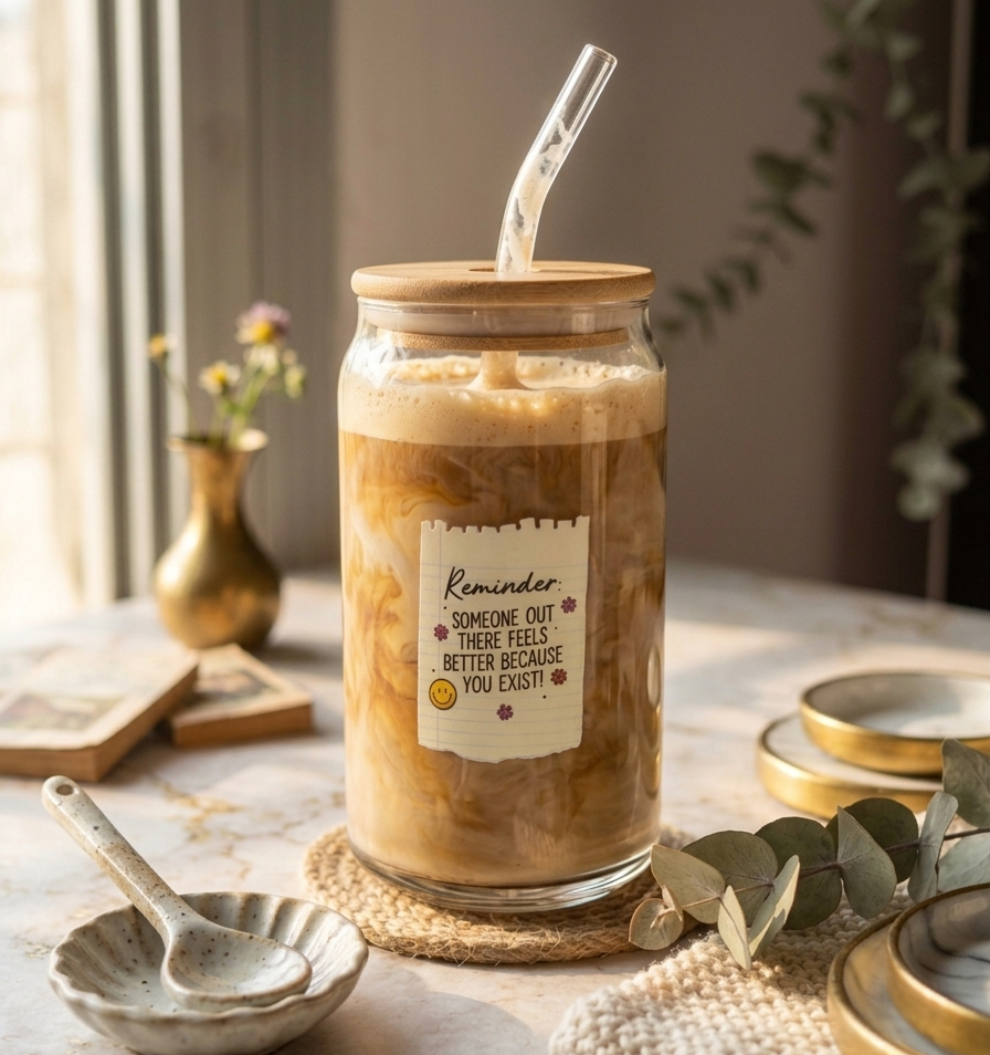 Reminder note Glass tumbler with wooden lid and glass straw