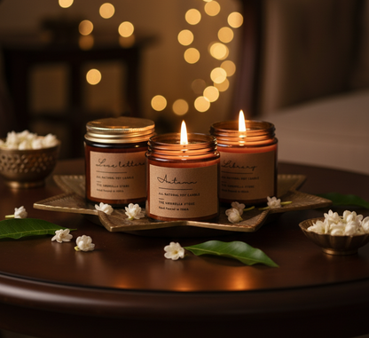 Diwali Scented candle Gift Hamper: Set of 3 candles| Luxe Hamper Box- Autumn + Love letters+ Library