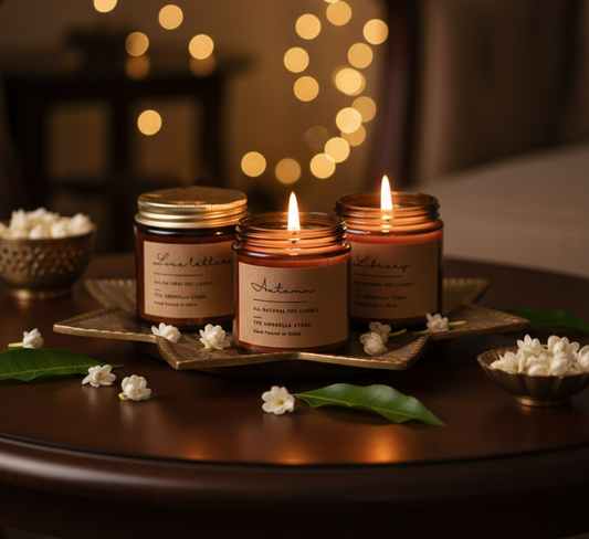 Diwali Scented candle Gift Hamper: Set of 3 candles| Luxe Hamper Box- Autumn + Love letters+ Library