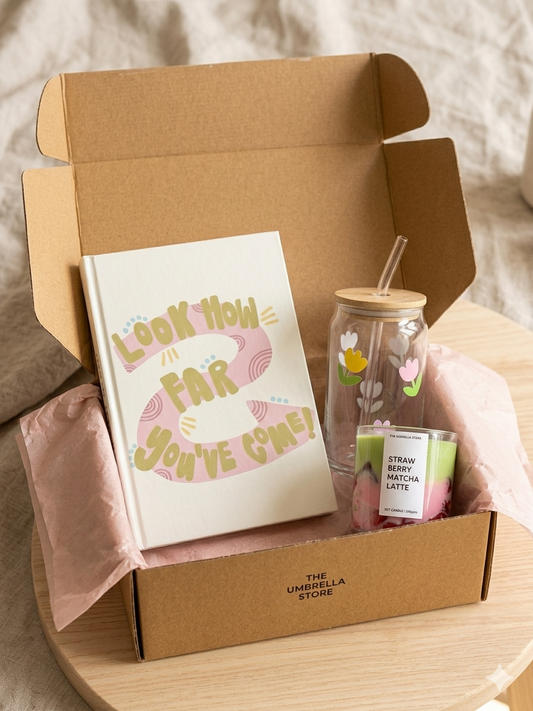 “Look How Far You’ve Come” Set | Aesthetic Care Package with Glass Tumbler & Candle | Cute Gift for Her