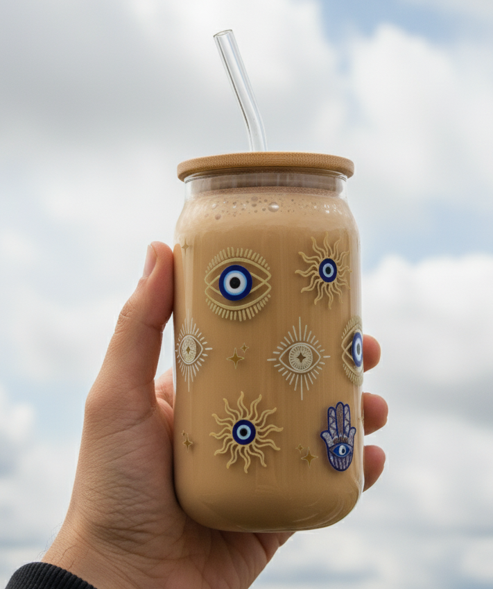 Evil eye glass tumbler with lid and straw