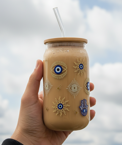 Evil eye glass tumbler with lid and straw