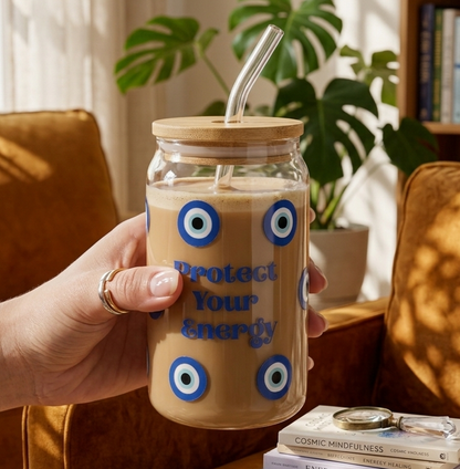 Protect your energy Glass tumbler with wooden lid and glass straw| Evil eyes Glass Sipper