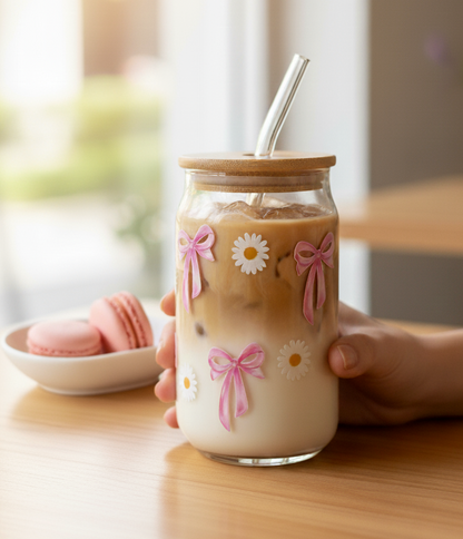 Bows & Daisies glass tumbler | pink bow and flower tumbler- Coquette aesthetic