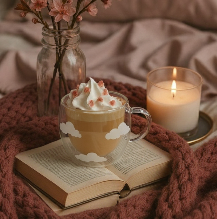 Cloud Glass Mug – Double Wall Insulated Clear Cup for Coffee, Tea & Lattes – Aesthetic Cute Gift for Girls