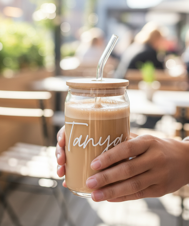 Personalized Can Glass Tumbler | Text personalization on Glass tumbler with lid and straw