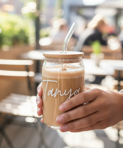 Personalized Can Glass Tumbler | Text personalization on Glass tumbler with lid and straw
