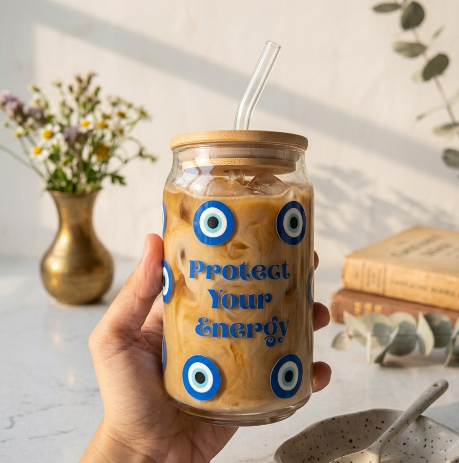 Protect your energy Glass tumbler with wooden lid and glass straw| Evil eyes Glass Sipper