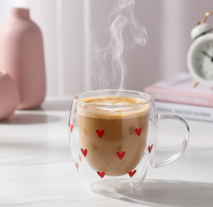 Heart Glass Mug – Double Wall Insulated Clear Cup for Coffee, Tea & Lattes – Aesthetic Cute Gift for Girls