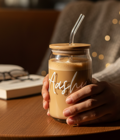 Personalized Can Glass Tumbler | Text personalization on Glass tumbler with lid and straw
