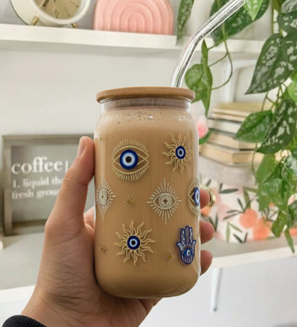 Evil eye glass tumbler with lid and straw
