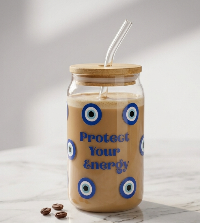 Protect your energy Glass tumbler with wooden lid and glass straw| Evil eyes Glass Sipper