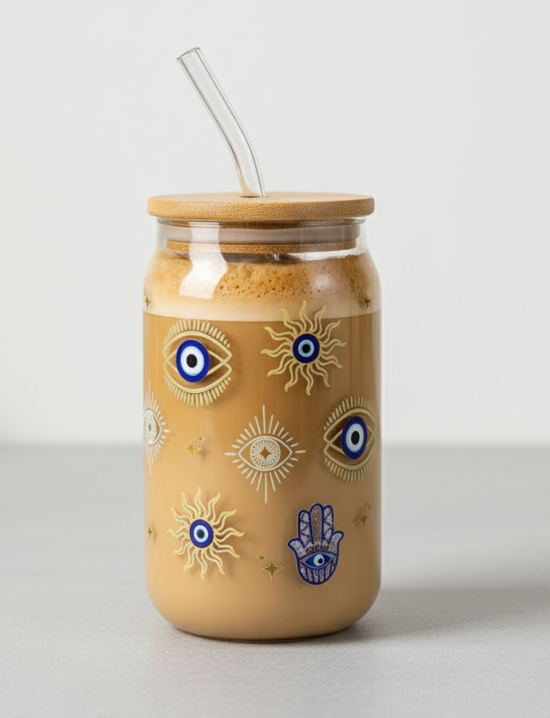 Evil eye glass tumbler with lid and straw