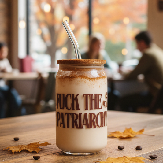 Fuck the patriarchy Glass tumbler with wooden lid and glass straw | Taylor swift inspired themed glass tumbler
