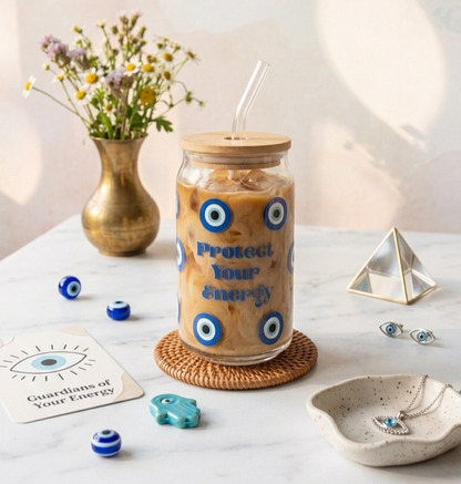 Protect your energy Glass tumbler with wooden lid and glass straw| Evil eyes Glass Sipper
