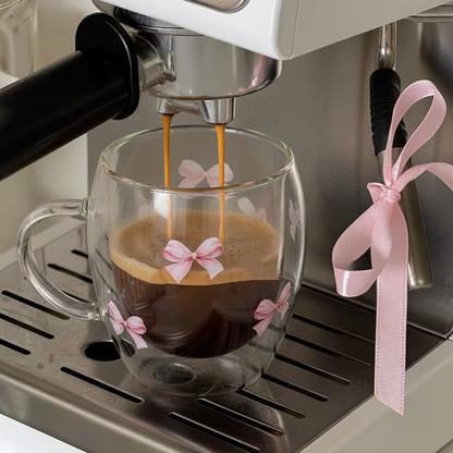 Coquette Pink Bow Glass Mug – Double Wall Insulated Clear Cup for Coffee, Tea & Lattes – Aesthetic Cute Gift for Girls