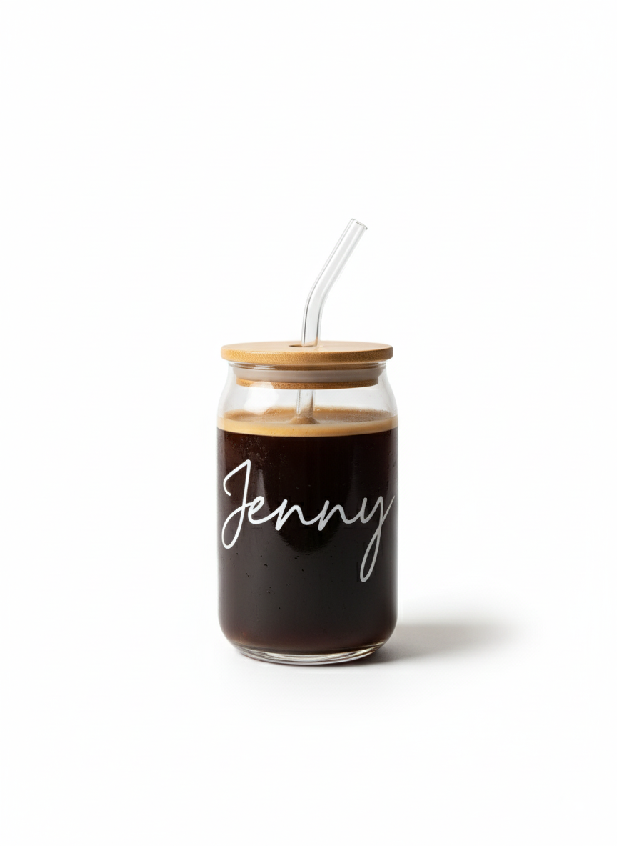 Personalized Can Glass Tumbler | Text personalization on Glass tumbler with lid and straw