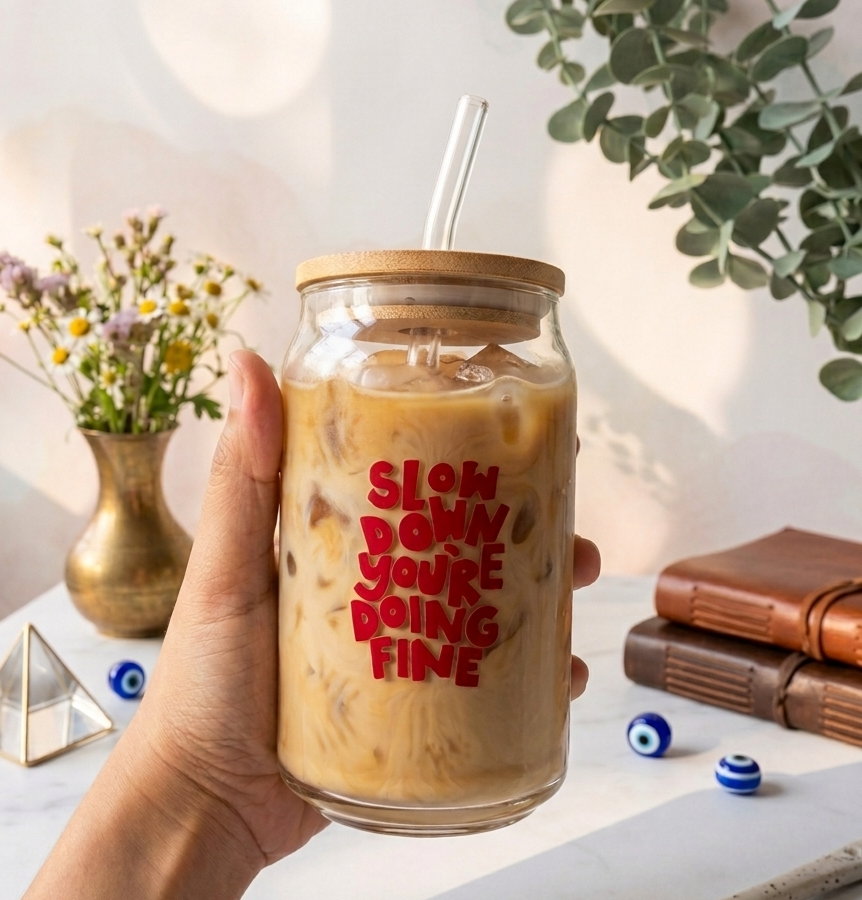 Slow down you're doing fine Glass Tumbler with straw