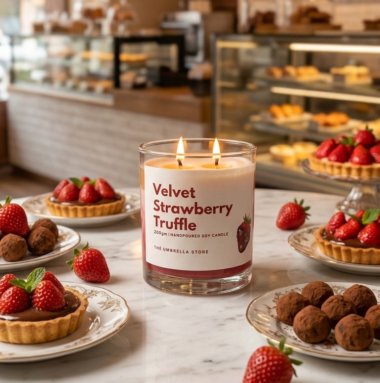 Velvet Strawberry Truffle Candle – Dessert Inspired Soy Wax Candle 🍓🍫