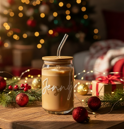 Personalized Can Glass Tumbler | Text personalization on Glass tumbler with lid and straw