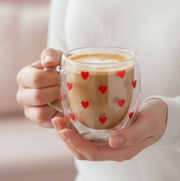 Heart Glass Mug – Double Wall Insulated Clear Cup for Coffee, Tea & Lattes – Aesthetic Cute Gift for Girls
