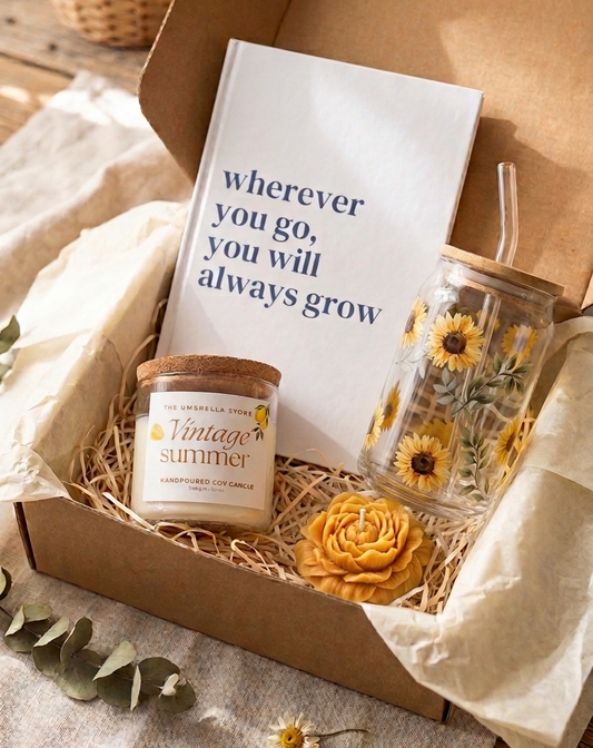 Sunflower Gift Box – Candle, Journal, Glass Cup