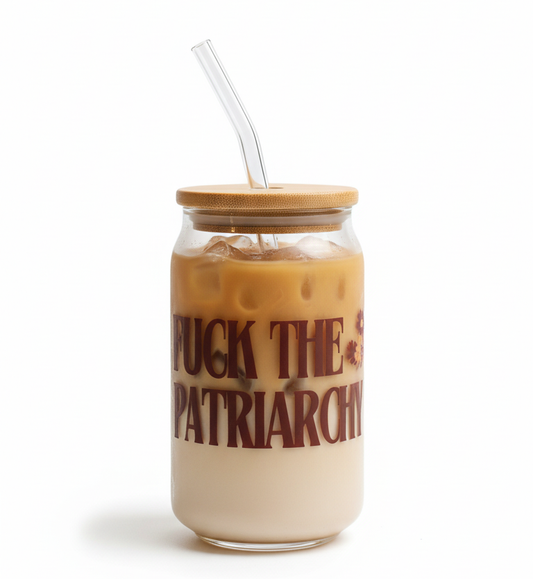 Fuck the patriarchy Glass tumbler with wooden lid and glass straw | Taylor swift inspired themed glass tumbler
