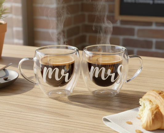 Mr & Mrs Glass Mug – Double Wall Insulated Clear Cup for Coffee, Tea & Lattes