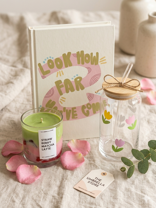 “Look How Far You’ve Come” Set | Aesthetic Care Package with Glass Tumbler & Candle | Cute Gift for Her