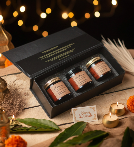 Diwali Scented candle Gift Hamper: Set of 3 candles| Luxe Hamper Box- Autumn + Love letters+ Library