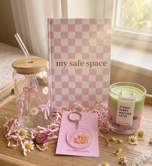 My Safe Space Aesthetic Gift Box – Candle, Journal, Glass Cup & Keychain | Self Care Gift for Her