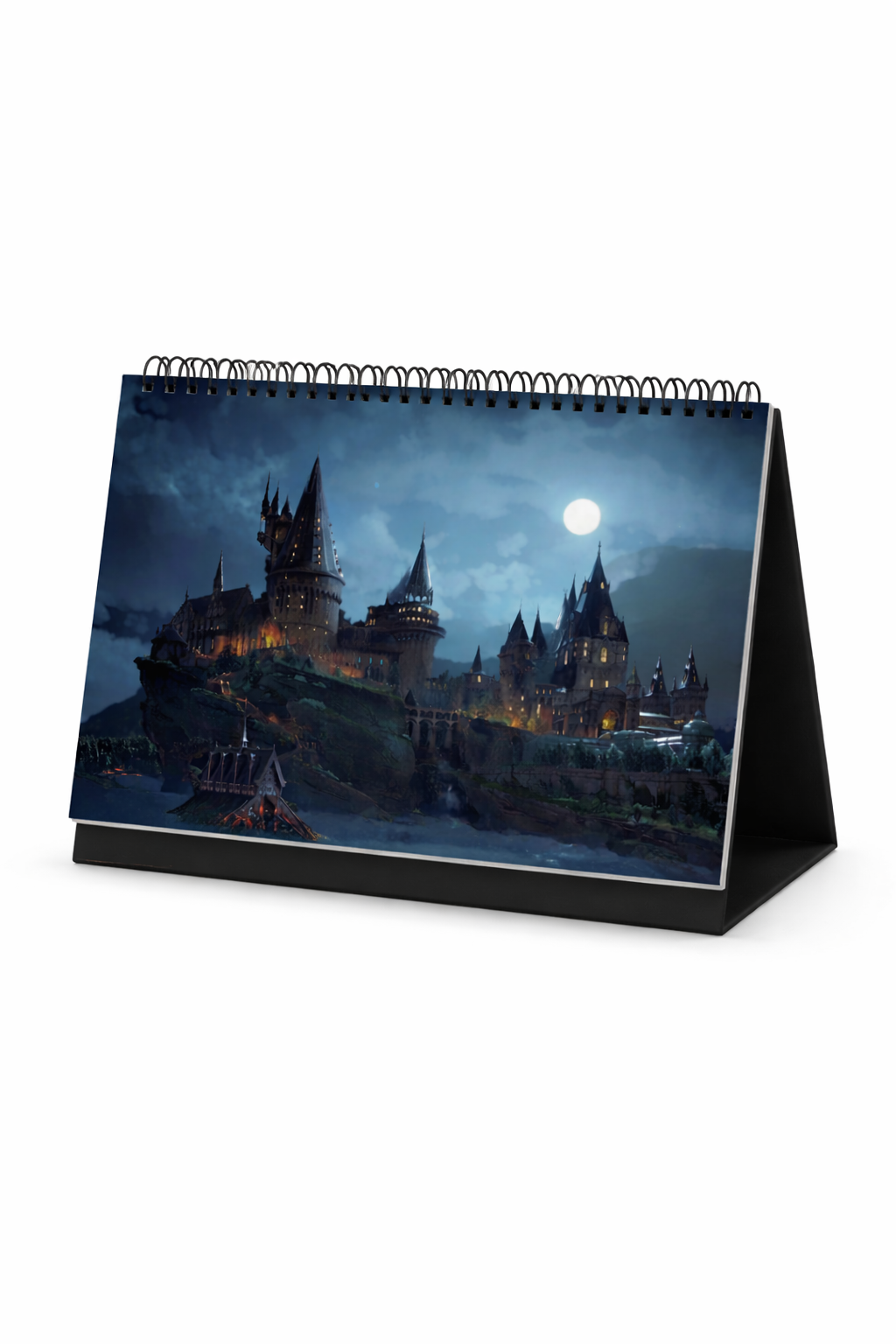 Desk calendar with a castle design on a white background