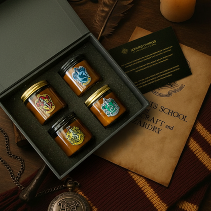 Four scented candles in jars with Hogwarts house emblems in a box, on a wooden surface with a book and decorative items.