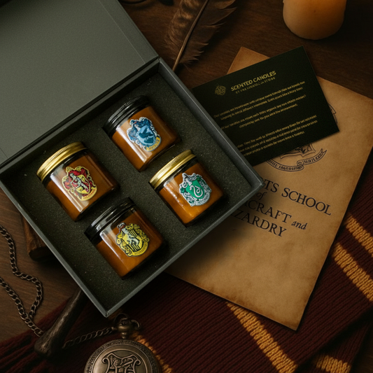 Four scented candles in jars with Hogwarts house emblems in a box, on a wooden surface with a book and decorative items.