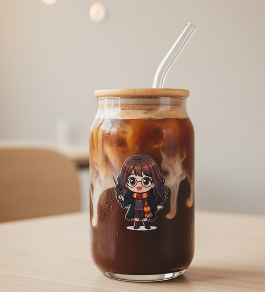 Hermoine Granger Can Glass tumbler with wooden lid and glass straw | Harry potter themed glass tumbler