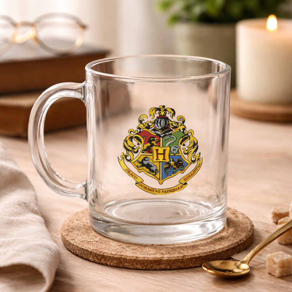 Clear glass mug with Hogwarts crest on a wooden coaster, surrounded by a cozy setting with a candle and plant.