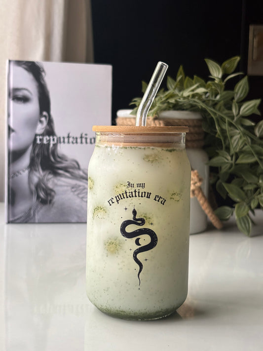 Reputation Glass tumbler with wooden lid and glass straw | Taylor swift inspired themed glass tumbler