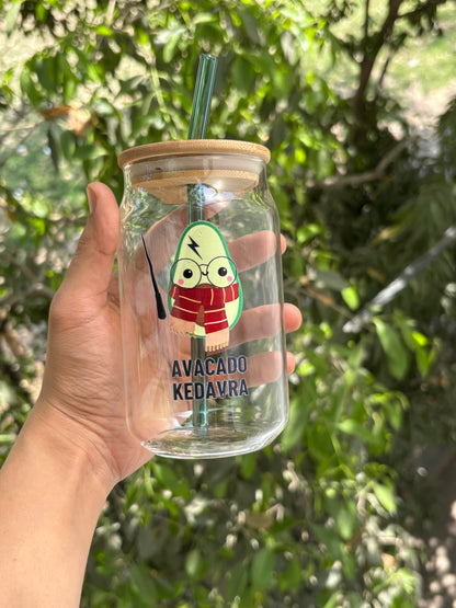 Avacado Kadavra Can Glass tumbler with wooden lid and glass straw | Harry potter themed glass tumbler
