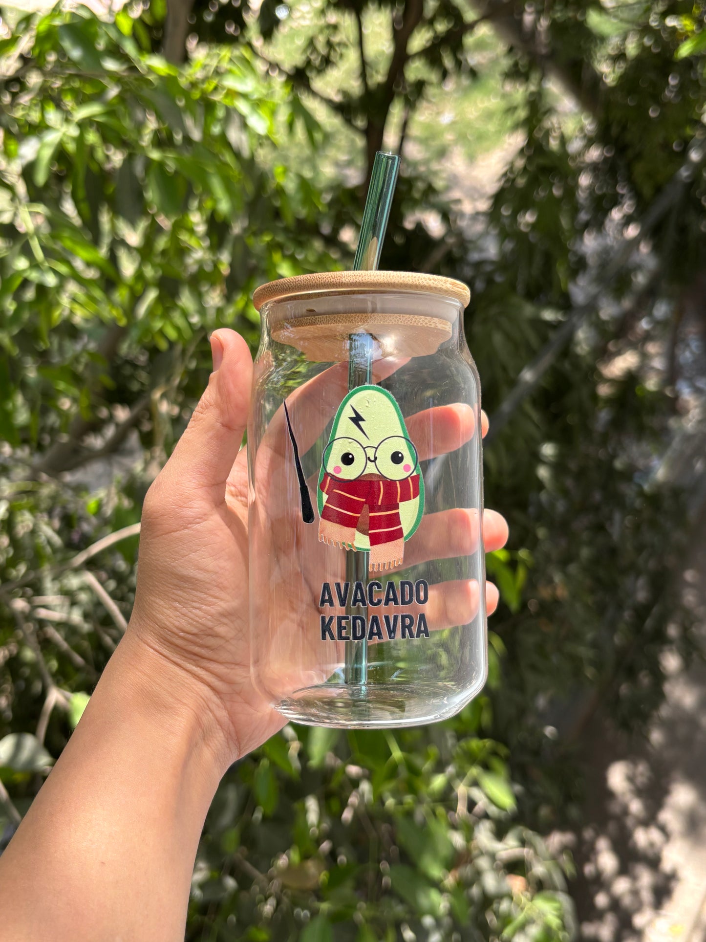Avacado Kadavra Can Glass tumbler with wooden lid and glass straw | Harry potter themed glass tumbler